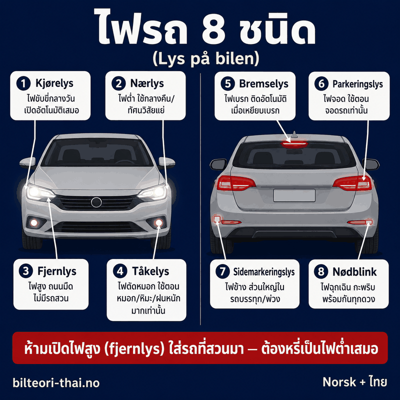ไฟรถ 8 ชนิด — Kjørelys, Nærlys, Fjernlys, Tåkelys, Bremselys, Parkeringslys, Sidemarkeringslys, Nødblink