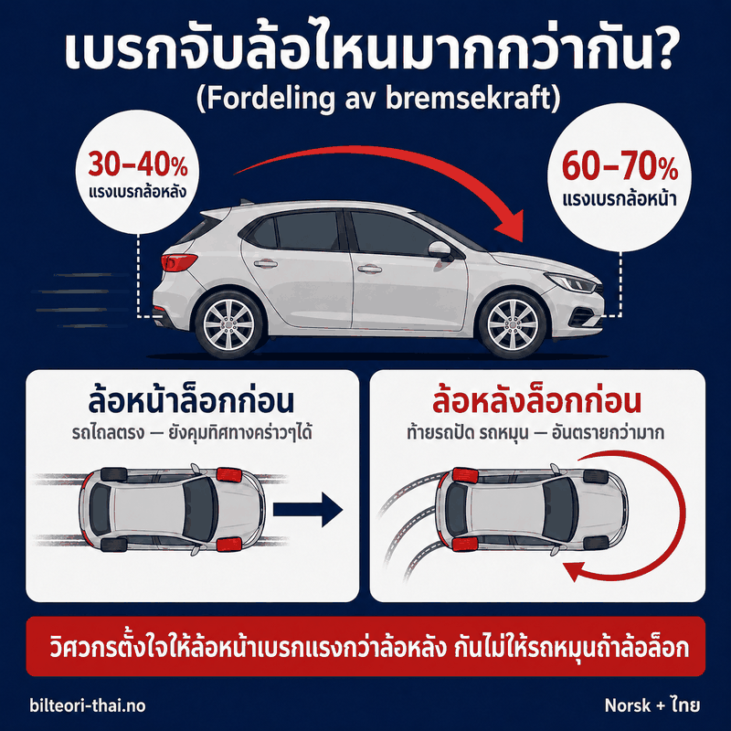 เบรกจับล้อไหนมากกว่ากัน — ล้อหน้า 60-70% ล้อหลัง 30-40% ล้อหน้าล็อกรถไถลตรง ล้อหลังล็อกรถหมุน