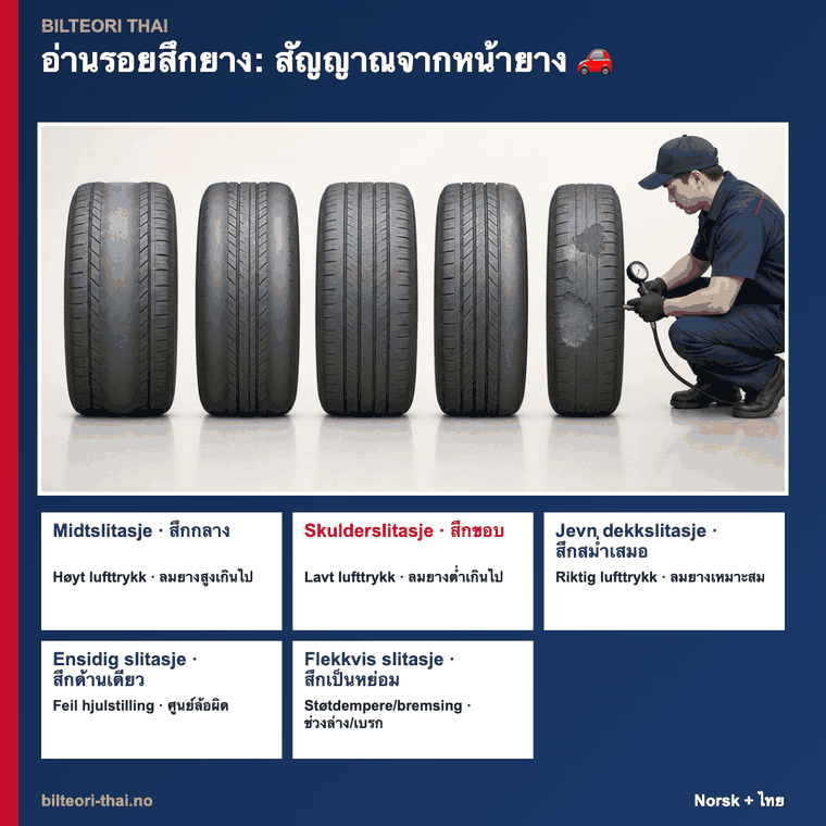 อ่านรอยสึกยาง — ลมยางเกิน/ลมยางอ่อน/ตั้งศูนย์ผิด/โช้คหรือเบรกมีปัญหา