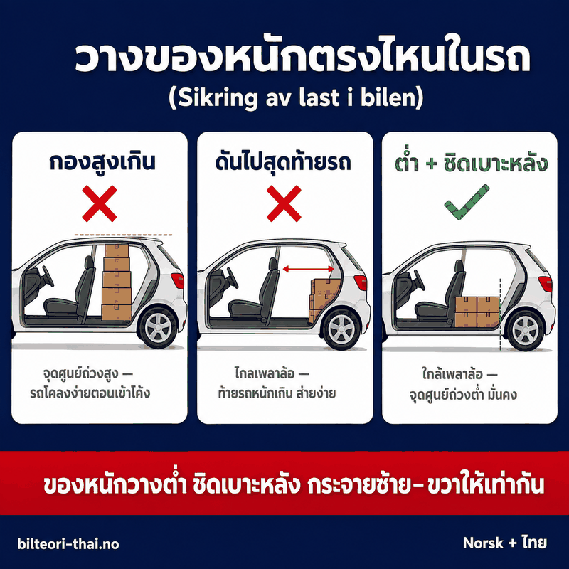 วางของหนักตรงไหนในรถ — ต่ำ+ชิดเบาะหลัง ไม่ใช่กองสูงหรือดันไปสุดท้ายรถ