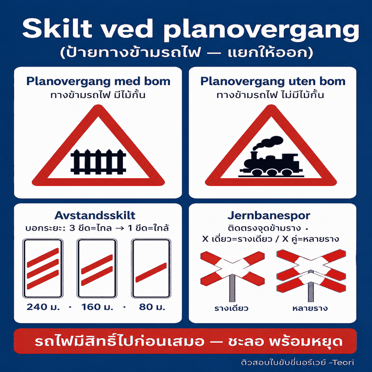 Skilt ved planovergang — ป้ายทางข้ามรถไฟ แยกให้ออก