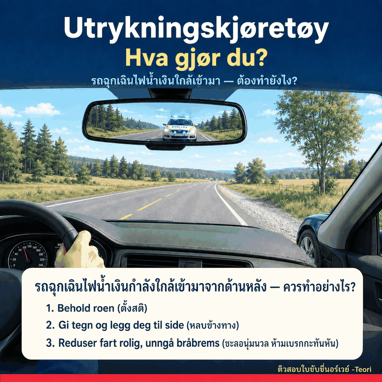 Utrykningskjøretøy — รถฉุกเฉินไฟกระพริบมาข้างหลัง ต้องทำอย่างไร
